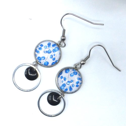 Boucles d'oreilles pendantes pois bleus blanc noir en cabochon en verre et acier inoxydable