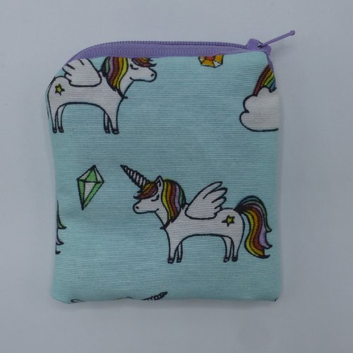 Petit porte monnaie licornes multicolores turquoise mauve en coton