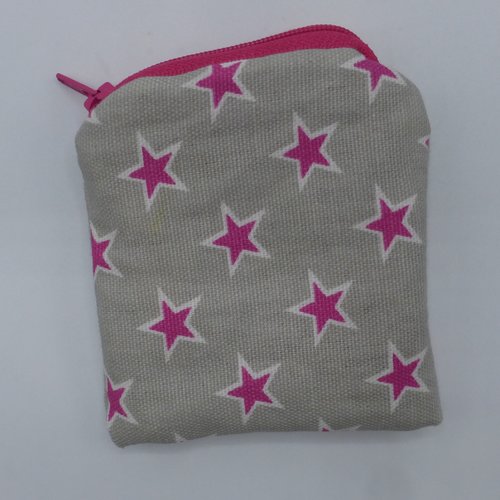 Petit porte monnaie étoiles rose fuchsia sur fond gris en coton