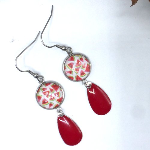 Boucles d'oreilles pendantes pastèque été rouge vert blanc en cabochon en verre et acier inoxydable