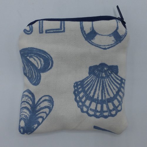 Petit porte monnaie coquille saint jacques moules coquillages crustacées crevettes bleu marine blanc marin bord de mer en coton
