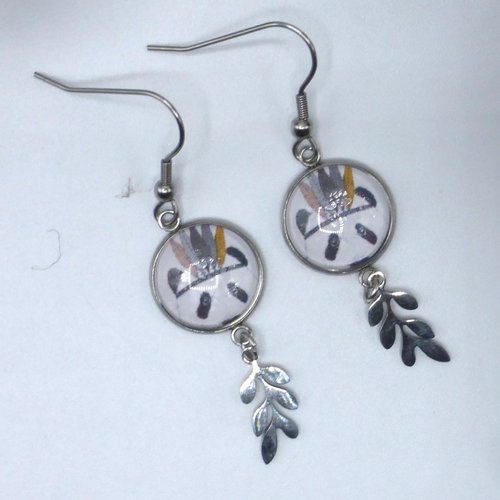 Boucles d'oreilles pendantes jaune noir blanc feuille plumes panda indien en cabochon en verre et acier inoxydable