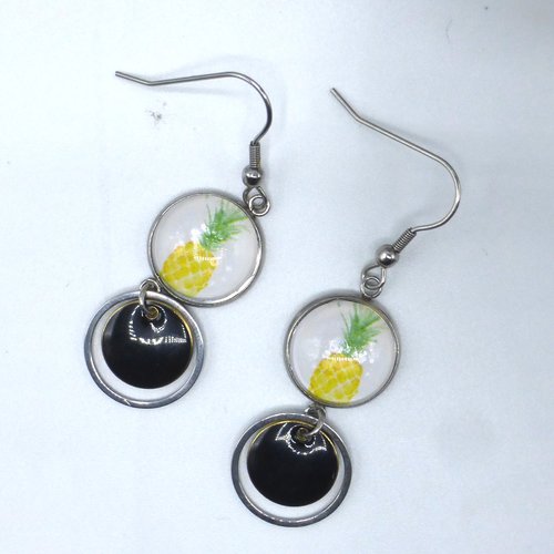 Boucles d'oreilles pendantes jaune ananas en cabochon en verre et acier inoxydable