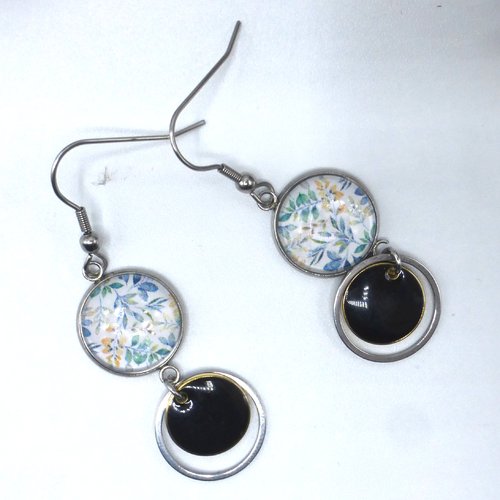 Boucles d'oreilles pendantes feuilles jaune vert bleu en cabochon en verre et acier inoxydable