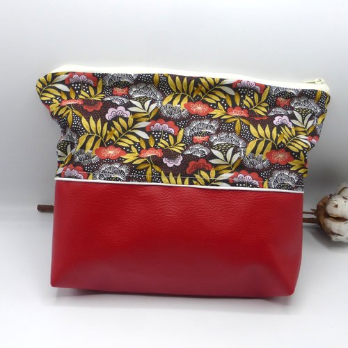 Trousse de toilette doublée fleurs rouge blanc noir marron japonais en coton enduit, coton et simili cuir