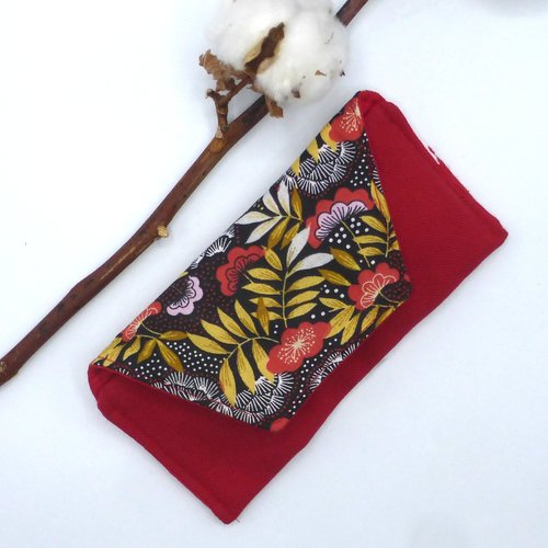 Etui à lunettes molletonné fleurs rouge marron en coton