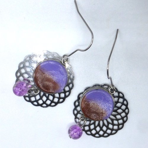 Boucles d'oreilles dégradé mauve violet marron caramel estampe fleur en pâte polymère et acier inoxydable