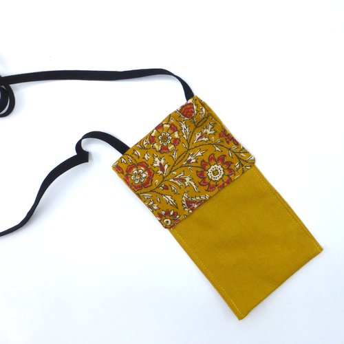 Étui pour téléphone à bandoulière à fleurs rouges jaune ocre moutarde en coton