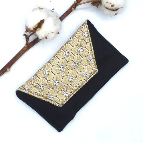 Etui à lunettes molletonné hexagones dorés japonais géométrique noir blanc en coton