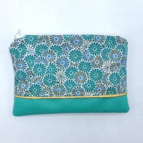 Grand porte monnaie fleurs marguerites pâquerettes blanc doré bleu vert émeraude en coton et simili-cuir
