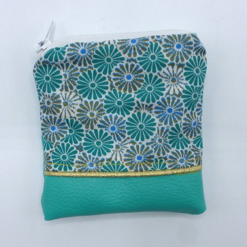 Petit porte monnaie fleurs marguerites pâquerettes blanc doré bleu vert émeraude en coton et simili-cuir