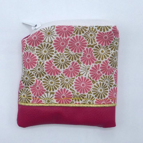 Petit porte monnaie fleurs marguerites pâquerettes blanc doré rose fuchsia en coton et simili-cuir
