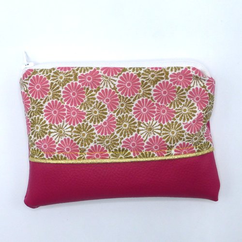 Grand porte monnaie fleurs marguerites pâquerettes blanc doré rose fuchsia en coton et simili-cuir