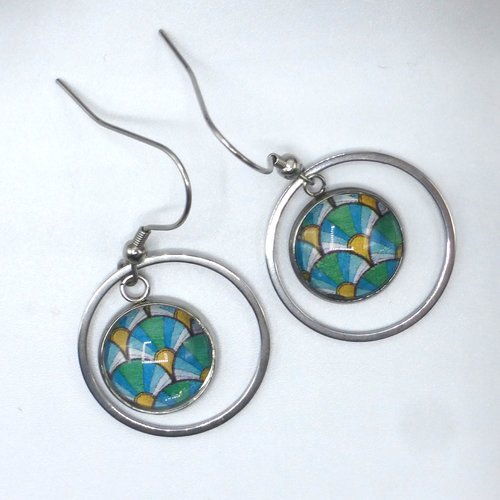 Boucles d'oreilles créoles rondes éventails plumes bleu vert en cabochon en verre et acier inoxydable