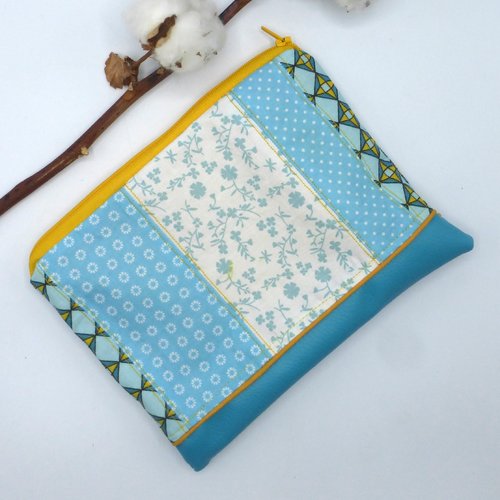 Trousse à maquillage patchwork fleurs géométrique pois bleu turquoise jaune blanc en coton et simili-cuir
