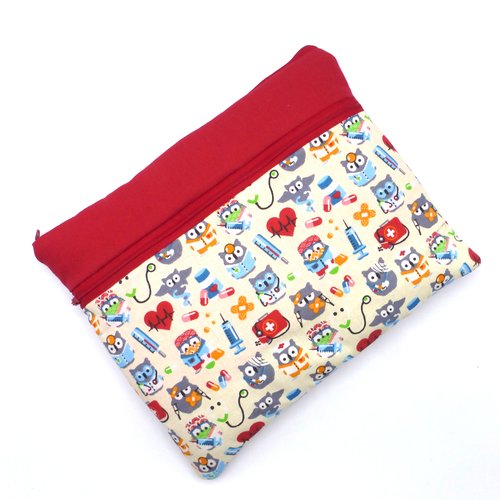 Pochette pour tablette 10 pouces, étui pour tablette chouettes médecins infirmiers rouge multicolore en coton avec petite poche