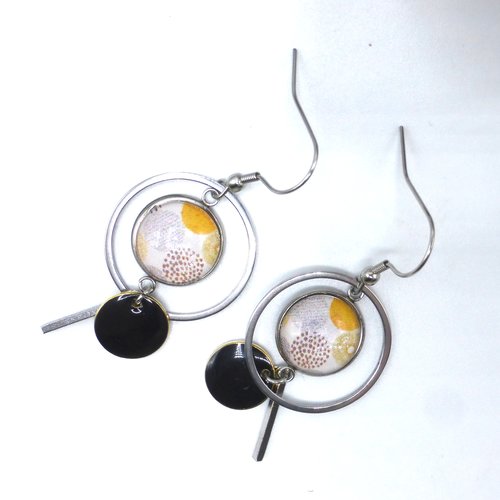 Boucles d'oreilles créoles rondes géométrique graphique jaune blanc en cabochon en verre et acier inoxydable