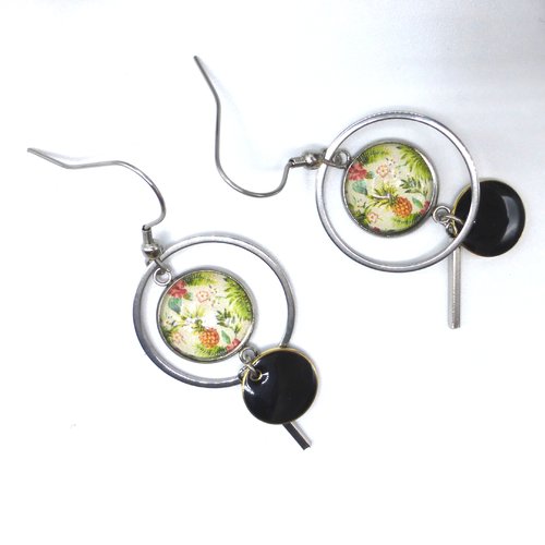 Boucles d'oreilles créoles rondes géométrique ananas jaune blanc en cabochon en verre et acier inoxydable