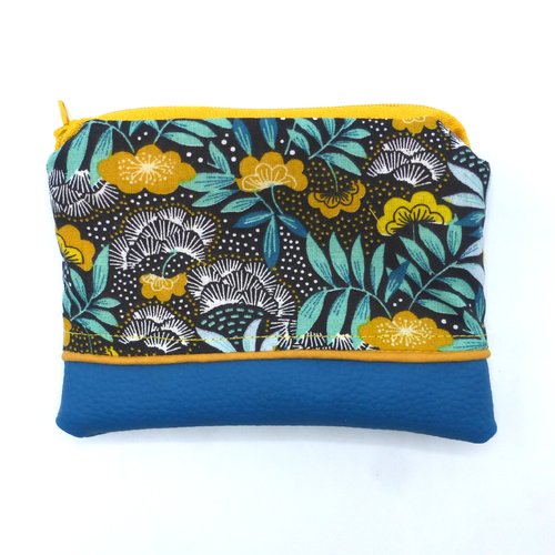 Grand porte monnaie fleurs japonais bleu turquoise pétrole jaune en coton et simili-cuir