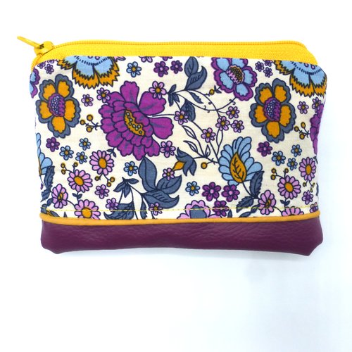 Grand porte monnaie éventails violet prune en coton et simili-cuir