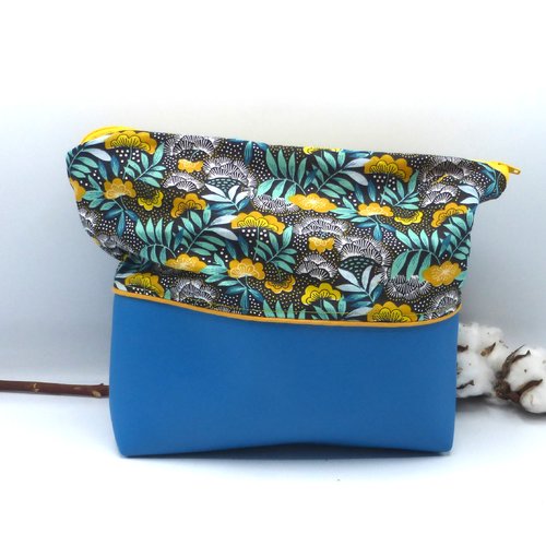 Trousse de toilette doublée fleurs japonais bleu turquoise jaune blanc noir en coton enduit, coton et simili cuir