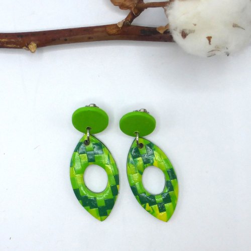 Clips boucles d'oreilles créoles navette carreaux bargello chevrons minecraft en pâte polymère et acier inoxydable, clips pendantes