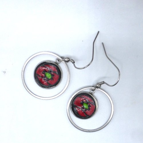 Boucles d'oreilles créoles fleur coquelicot rouge noir en pâte polymère et acier inoxydable