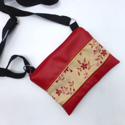 Pochette sac à bandoulière fleurs rouge beige doré