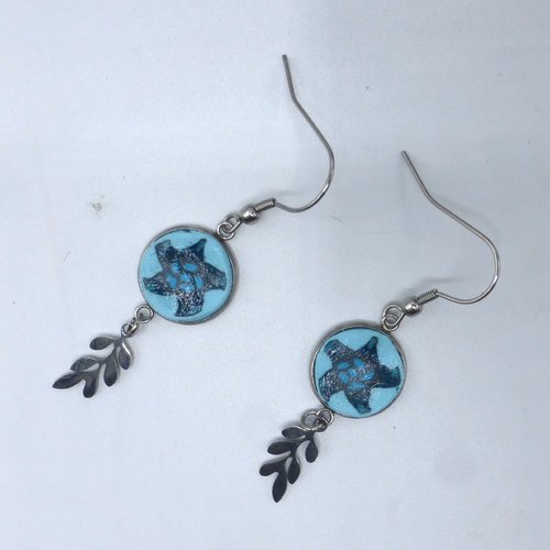 Boucles d'oreilles feuille fleur étoile de mer bleu turquoise pétrole en pâte polymère