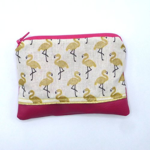 Grand porte monnaie flamants roses doré rose fuchsia en coton et simili-cuir