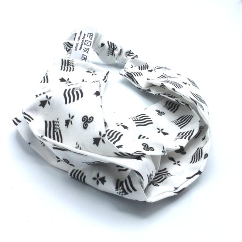 Bandeau femme bretagne drapeau breton hermines triskells noir et blanc en coton 57 cm