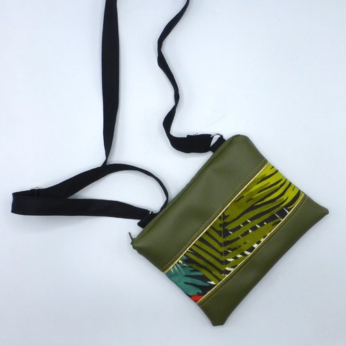 Pochette sac à bandoulière feuilles de palmier palmes vert kaki doré