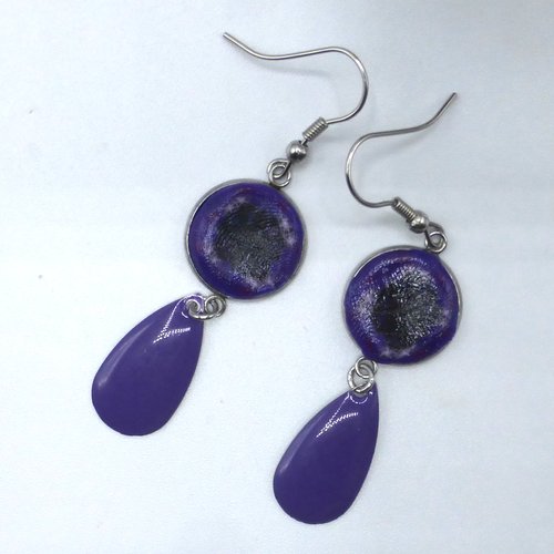 Boucles d'oreilles kaléidoscope vitrail violet noir en pâte polymère