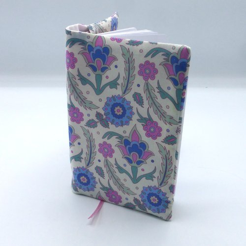 Petit carnet recouvert de coton fleurs bleu rose vert 9x14.5x1.5cm blanc ligné