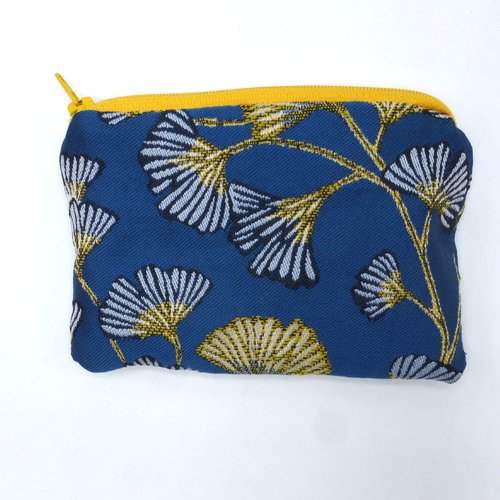 Grand porte monnaie feuilles de gingko bleu roy marine jaune en coton