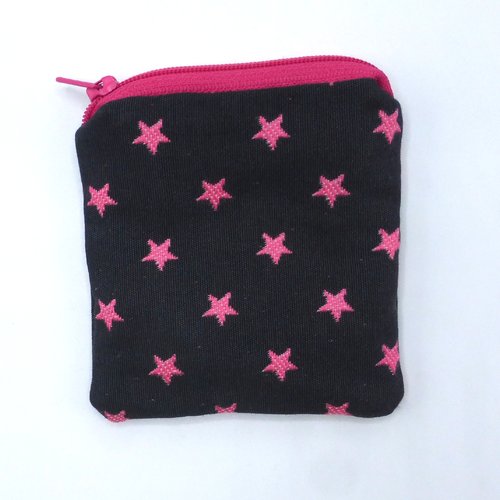 Petit porte monnaie étoiles rose fuchsia sur fond noir en coton