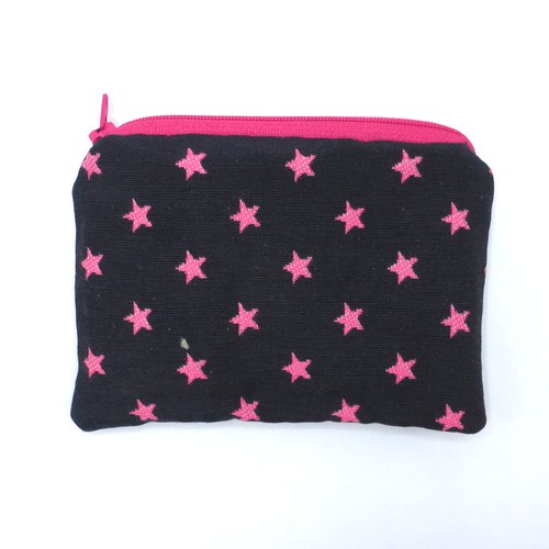 Grand porte monnaie étoiles rose fuchsia sur fond noir en coton
