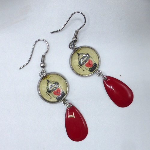 Boucles d'oreilles pendantes coeur en cage rouge noir en cabochon en verre et acier inoxydable