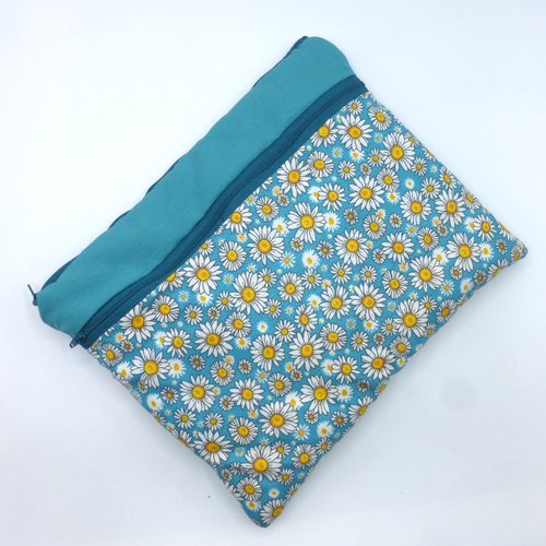 Pochette pour tablette 10 pouces, étui pour tablette fleurs marguerites pâquerettes bleu turquoise et blanc en coton avec petite poche