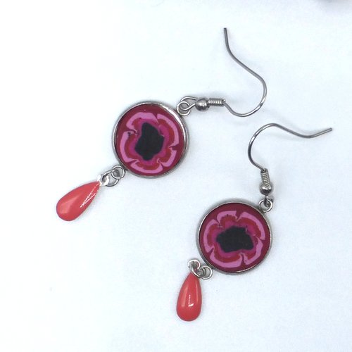 Boucles d'oreilles fleur rose en pâte polymère