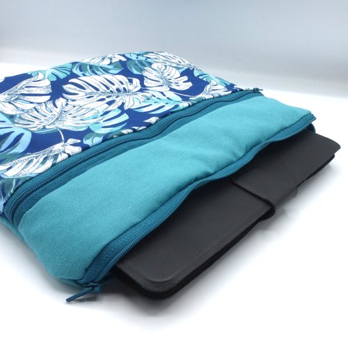 Pochette pour tablette 10 pouces, étui pour tablette feuilles de monstera bleu vert turquoise et blanc en coton avec petite poche