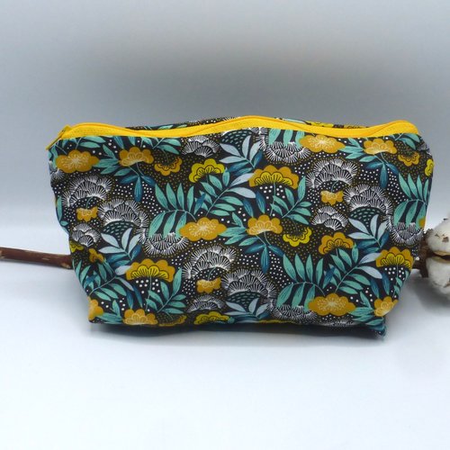 Trousse à maquillage / trousse à crayons / trousse d'école doublée fleurs jaune bleu vert turquoise japonais en coton enduit et coton