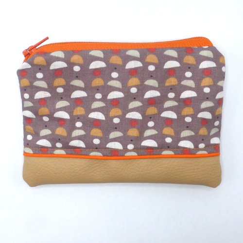 Grand porte monnaie motif géométrique beige marron orange en coton et simili-cuir