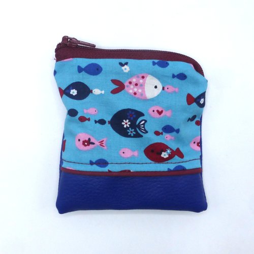 Petit porte monnaie poissons bleu rose bordeaux en coton et simili-cuir