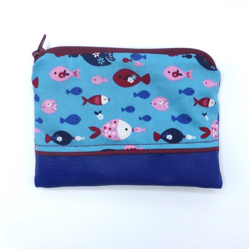 Grand porte monnaie poissons bleu rose bordeaux en coton et simili-cuir