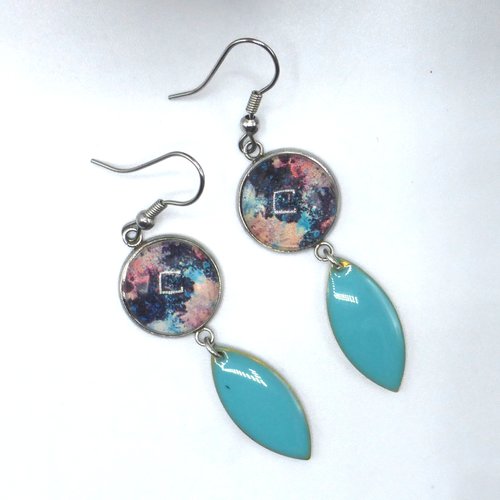 Boucles d'oreilles pendantes tâches de peinture bleu noir rose en cabochon en verre et acier inoxydable