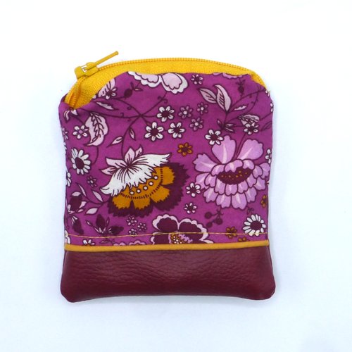 Petit porte monnaie fleurs violet magenta jaune bordeaux en coton et simili-cuir