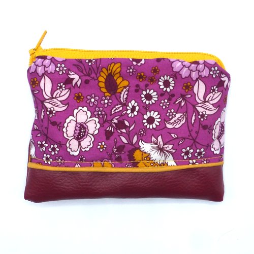 Grand porte monnaie fleurs violet magenta jaune bordeaux en coton et simili-cuir