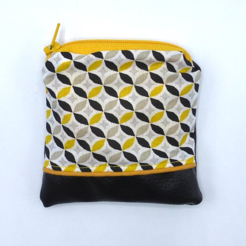 Petit porte monnaie motif géométrique jaune gris noir blanc en coton et simili-cuir