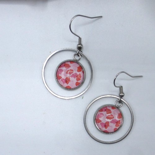 Boucles d'oreilles créoles feuilles de gingko rouge rose blanc en cabochon en verre